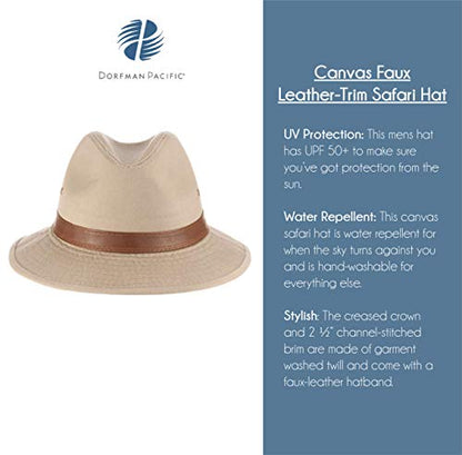 Dorfman Pacific Men's One-Piece Canvas Faux Leather-Trim Safari Hat - color: Khaki, size: XX-Large