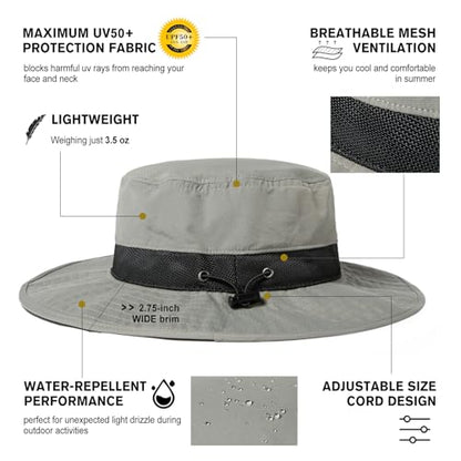 TOP-EX Oversized Waterproof Mesh Sun Hat for Big Heads with Wide Brim - color: Light Grey-2.7"brim, size: Medium-Large