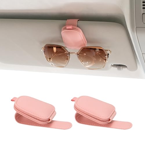 Yuoyar Sunglass Holder for Car, Magnetic Leather Sunglasses Holder and Ticket Card Clip, Car Visor Accessories, 2 Packs (Pink) - color: PINK