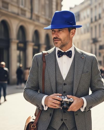 Fedora Hats for Men Women 1920s Short Brim Felt Trilby Hat - color: Royal Blue