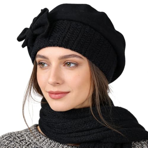 Women’s Vintage Wool Beret Winter Hats Elegant French Beret Beanie Dress Hat for Ladies - color: Black