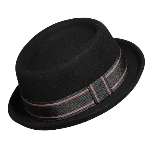 Wide Brim Pork Pie Hat 100% Wool Felt Hats Vintage Porkpie Derby Fedora - color: C Black, size: Medium