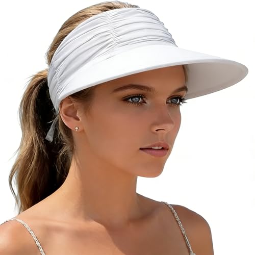 KXF Sun Visors Hat for Women Wide Brim Beach Hat Foldable Visor Hat Cap Ponytail Summer Packable UPF 50+ Adjustable Stretchy - color: White