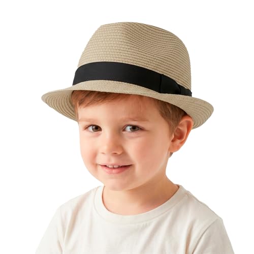 Kids Fedora Hat Panama Trilby Hat Sun Straw Hats Jazz Short Brim Roll Up Summer Beach Cap for Boys Girls 2-7 Years - color: Beige