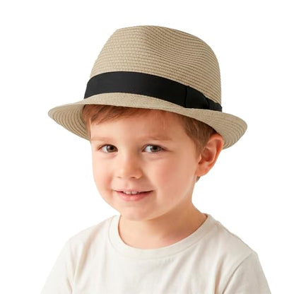 Kids Fedora Hat Panama Trilby Hat Sun Straw Hats Jazz Short Brim Roll Up Summer Beach Cap for Boys Girls 2-7 Years - color: Beige