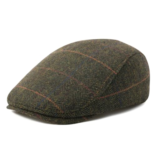 FEINION Men Wool Blend Flat Cap Tweed Newsboy Ivy Hat - color: Plaid Green