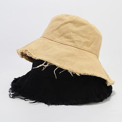 Quanhaigou Frayed Unisex Sun Hats, Fashion Beach Bucket Hat for Men Women,Summer Outdoor Boy's Girls Boonie Cap - color: Frayed Black