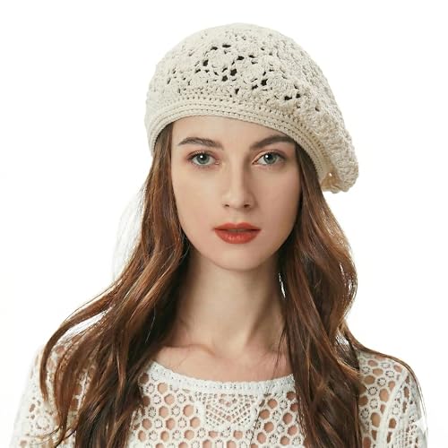 ZLYC Women Cotton Slouchy Crochet Beret Handmade Cutout Floral Beanie Hat - color: Crocheted White