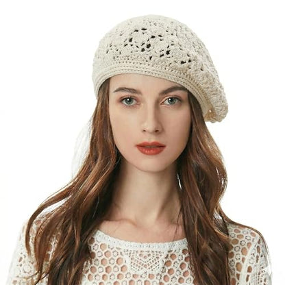 ZLYC Women Cotton Slouchy Crochet Beret Handmade Cutout Floral Beanie Hat - color: Crocheted White