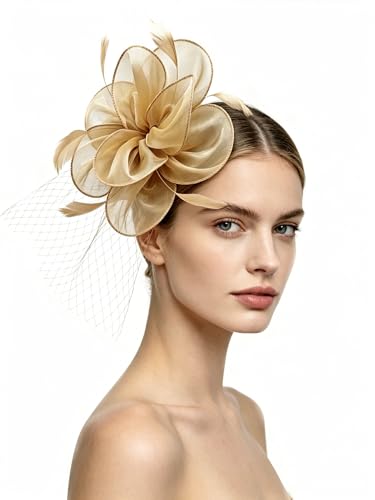 SAFERIN Women's Fascinators Feathers Tea Party Hat Veil Headband with Hair Clip for Cocktail Church - color: Ta2-floral Mesh Khaki