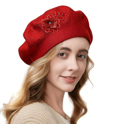 Flower Embroidery Beret Hat for Women, French Style Knitted Beret Hats, Stylish Solid Color Beret Cap for Women Girls Lady - color: Red