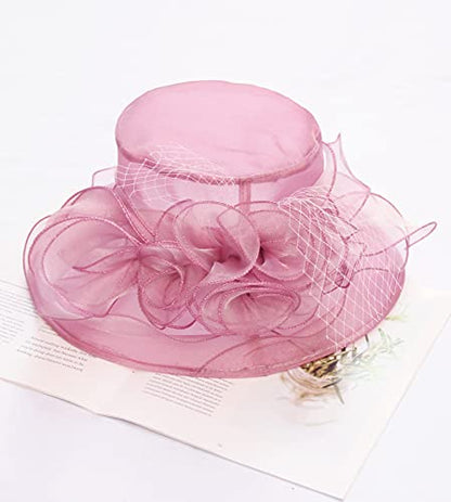 Women Derby Fascinator Hat Organza Church Wedding Hats Wide Brim Cocktail Tea Party Hat - color: 12 Pink