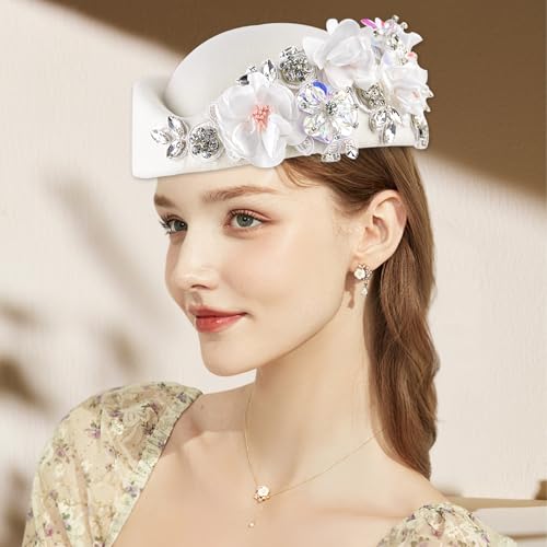 Women's Retro Stewardess Felt Hat, British Berets, Rhinestone Flower Decor, Ladies' Church Derby Hat - color: White