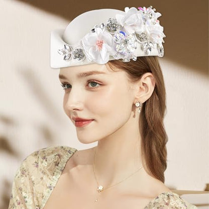 Women's Retro Stewardess Felt Hat, British Berets, Rhinestone Flower Decor, Ladies' Church Derby Hat - color: White