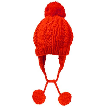 Women Winter Crochet Hat Cable Knit Beanie Ski Ear Flaps Pom Cap - color: Red
