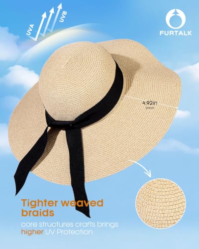 FURTALK Womens Sun Straw Hat Wide Brim Floppy Summer Beach Hats for Women - color: Mix Beige, size: Large-X-Large