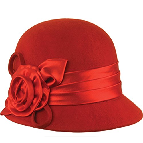 CL1489 Marilyn Vintage Style Wool Cloche Bucket Winter Hat with Satin Flower - color: Red
