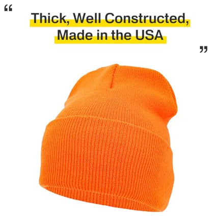 KBETHOS Made in USA Classic Men's Women's Cuffed Folded Acrylic Knit Beanie Hat Solid Unisex Cold - color: Neon Orange Solid Long Beanie