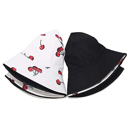 Unisex Print Double-Side-Wear Reversible Bucket Hat - color: Cherry White