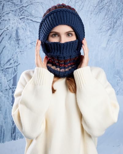 HUAMULAN Women Winter Knit Beanie Hats One Piece Fleece Lined Balaclavas - color: Navy + Colorful Stripe