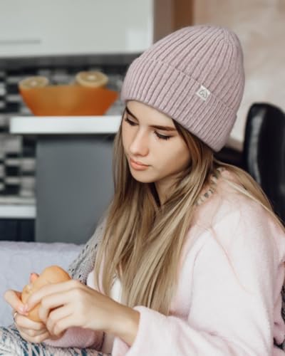Hat Hut Wool Beanie Satin Lined Winter Hats Slouchy Beanie with Silk Lining Warm Wool Knit Ski Hat Cuffed Cap Women Men - color: Pink Coffee