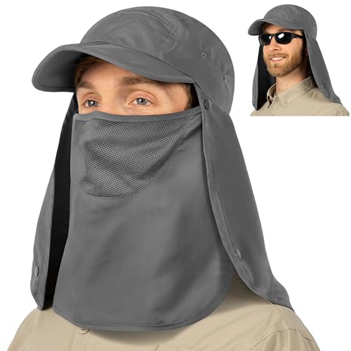SUN CUBE Fishing Sun Hat with Neck Flap & Face Cover, Wide Brim UPF50+ Cap - color: Grey
