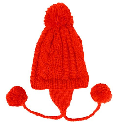 Women Winter Crochet Hat Cable Knit Beanie Ski Ear Flaps Pom Cap - color: Red