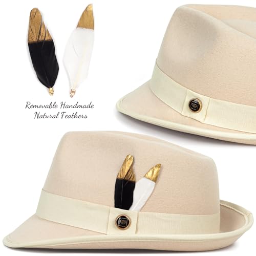 Fedora Hats for Men & Women Short Brim Felt hat Trilby Fedora with Feather Panama Dress Hat - color: Cream, size: Medium
