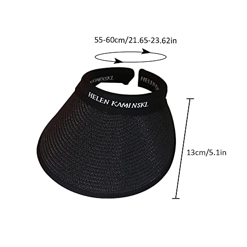 Women Straw Sun Visor Hat, Summer Wide Brim UV Protection Beach Cap Adjustable Sun Hat for Outdoor - color: Black