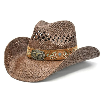 Keilin Cowboy Hats for Women and Men - Straw Teardrop Western Cowgirl Cowboy Sun Hat for Teens and Adults - color: Brown Studs Longhorn Skull