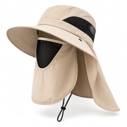 Sun Hat with Neck Flap and Face Cover, Wide Brim Fishing Hat with Mesh Ventilation, UPF 50+ UV Protection - color: Beige