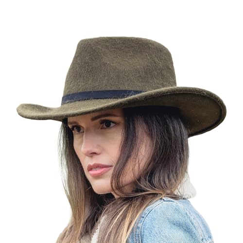 Bigalli Melbourne Alpaca & Wool Felt Cowboy Fedora Hat for Men Women Crushable Teardrop Genuine Leather Detail | Outback - color: Moss, size: Small
