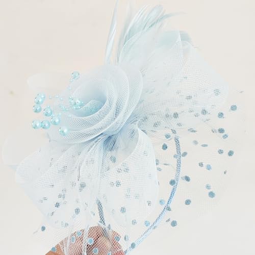 WLBON Fascinators Hat 20s 50s Headband Hair Clips Flower Mesh Veil Feather Headpiece Headwear Women Halloween Carnival Cocktail Wedding Church Cosplay Dress Up Birthday Tea Party Accessories Blue - color: Light Blue