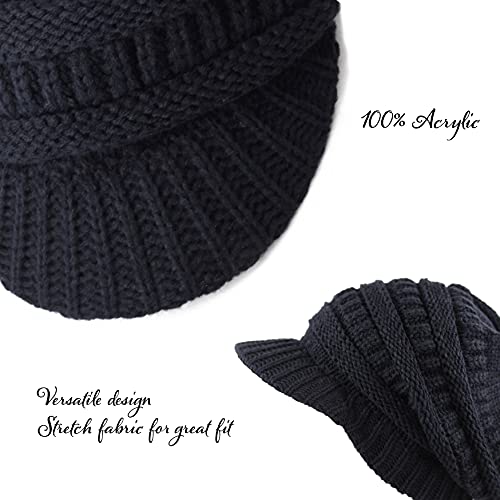 The Hat Depot - Visor Beanie Unisex Winter Knit Skull Beanie with Brim Hat - color: 1. Navy