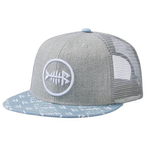 BASSDASH Flat Brim Trucker Cap Adjustable Snapback Hat Mesh Back for Men Women - color: Heather Grey and Blue
