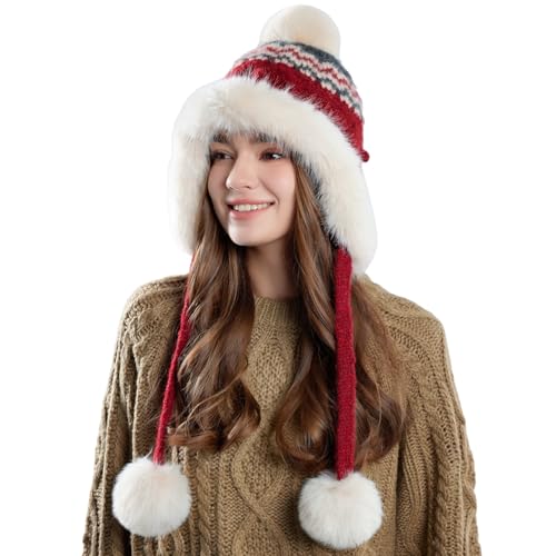 Women Winter Sherpa Beanie Hats Knit Ear Flap Hat Fleece Lined - color: Patterned Wine Red