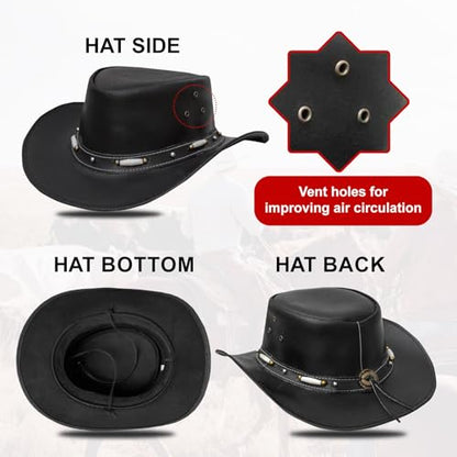 Dream Apparel Black Leather Cowboy Hat for Men Women Western Australian Outback Hat w/Shapeable Wide Brim, Aussie Style Hat - size: Small