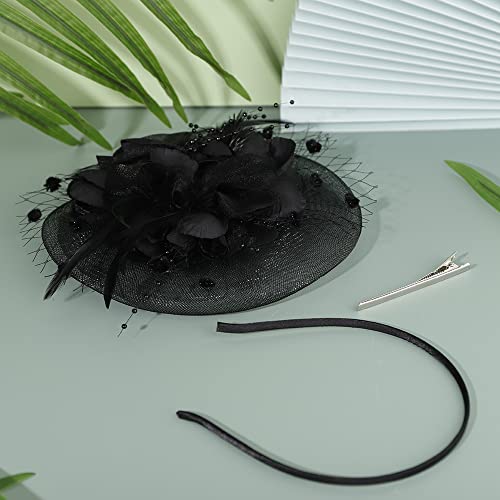 JWICOS Fascinators Hat for Women 50s Flower Hat with Veil Cocktail Wedding Tea Party Church Derby Hat - color: Black