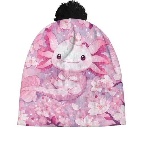 Girls Boys Winter Warm Knit Beanie Pompom Elasticity Slouchy Hat Skull Caps for Childrens - color: Cherry Blossom Axolotl