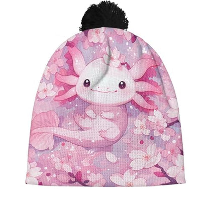 Girls Boys Winter Warm Knit Beanie Pompom Elasticity Slouchy Hat Skull Caps for Childrens - color: Cherry Blossom Axolotl