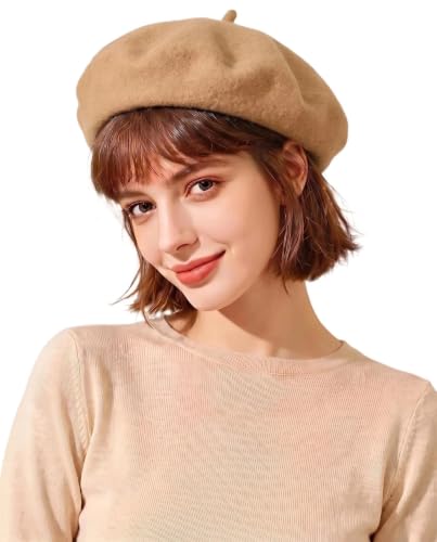 French Beret Hats for Women Men - Classic Wool Beanie Winter Cap - color: Camel