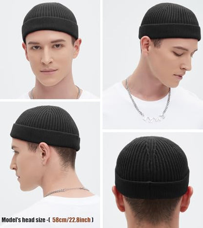 Wool Fisherman Beanie for Men Wome, Thin Knit Winter Hats Skull Cap - color: Black
