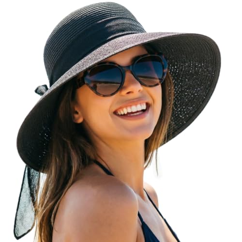 DRESHOW Sun Hats for Women Summer Wide Brim Beach Straw Hat Bowknot Bucket Hats Foldable Floppy Beach Sun Hat UPF 50+ - color: 1 Pack Bowknot Ribbon Hat: Black