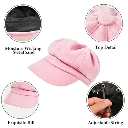 Women’s Newsboy Cap Wool Blend Retro Solid Color Girls Fashion Gatsby Cabbie Visor Beret Hat - color: Pink