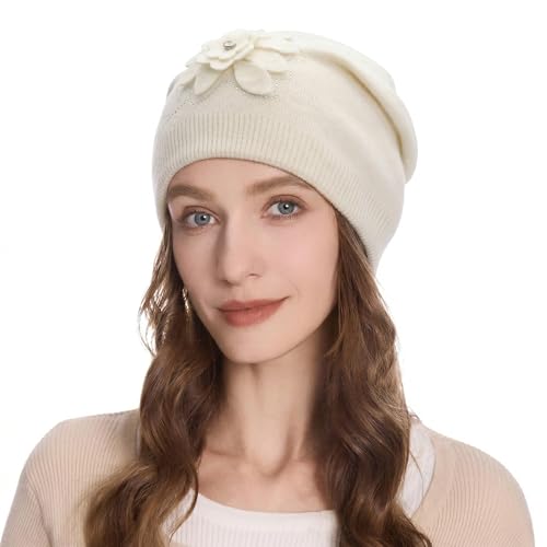 ZLYC Women Floral Slouchy Beanie Hat Double Layer Winter Knit Skull Cap - color: Flower White