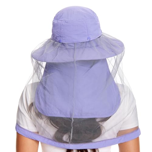 BASSDASH UPF 50+ Mosquito Sun Hat with Hidden Head Net and Neck Flap for Men Women Outdoor Fishing Hiking Camping - color: Light Purple