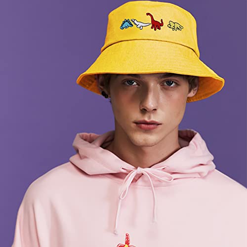 XYIYI Fashion Embroidery Bucket Hat Cotton Beach Fisherman Hats for Women Girls - color: Little Dinosaur Yellow