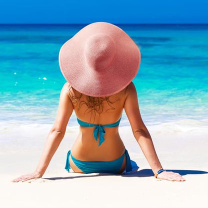 AQOKKA Sun Hats for Women Big Straw Wide Brim Summer Beach Hat Floppy Foldable Roll up Cap for Outdoor UPF 50+ - color: Wide Brim : Pink