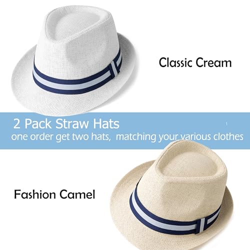 4 Pack Short Brim Straw Fedora Summer Beach Sun Hat Men - color: 2 Pcs Set L