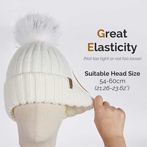 FURTALK Womens Winter Knitted Beanie Hat with Faux Fur Pom Warm Knit Skull Cap Beanie for Women - color: White With White Pom